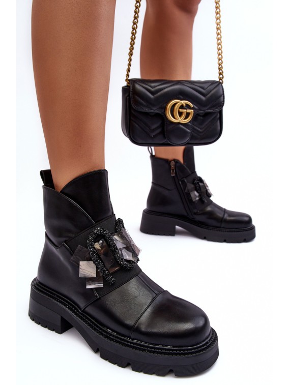Juodi moteriški auliniai batai su dekoratyviu papuošimu - MR870-46 BLACK