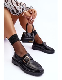 Klasikiniai odiniai moteriški batai su sagtimi - 58184 BK PU CZARNY