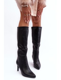 Leather Knee-High Boots with Heel Black Serpens - QT56P BLACK