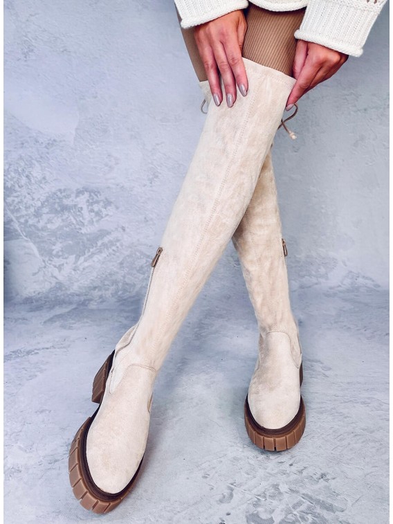 Smėlio spalvos zomšiniai ilgaauliai batai virš kelių ALYSSA BEIGE - KB UK105P