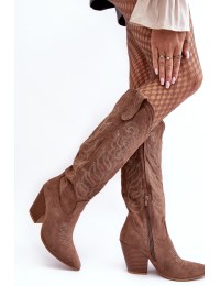 Moteriški zomšiniai rudi kaubojiški batai ant kulno - D8137 KHAKI