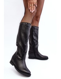 Juodi odiniai moteriški ilgaauliai batai iki kelių - HQ5027 BLACK