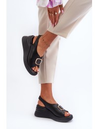 Juodos moteriškos odinės basutės su papuošimu - 24SD08-6865 BLACK