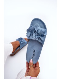 Zomšinės šlepetės papuoštos puriomis gėlėmis - TL8-110 BLUE