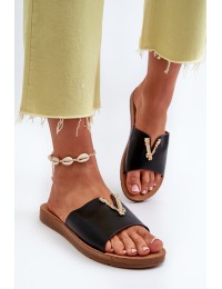 Women's flat sole sandals with eco leather decoration Black Makia - W-137 BLACK