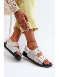 Moteriški balti papuošti džinsiniai sandalai  - H8-698 WHITE