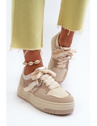 Women's platform sneakers in beige eco leather Moun - WX-131 KHAKI