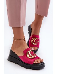 Women's sandals in eco suede on a wedge and platform with golden decoration fuchsia Iaria - 58295 FU