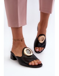 Elegant Women's Sandals with Low Heel and Gold Decoration Black Uzimila - ASA214-1 CZARNY