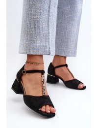 Women's sandals with block heel and decorative strap eco suede black Obivena - 20248 BK