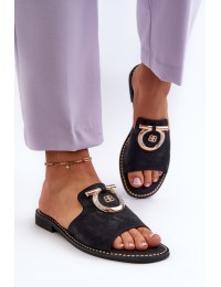 Elegant Shiny Women's Slippers with Ornament S.Barski KV27-032 Black - KV27-032 BLACK