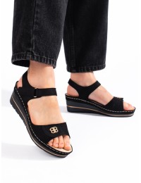 Czarne zamszowe sandały na koturnie - GD-FL1246B