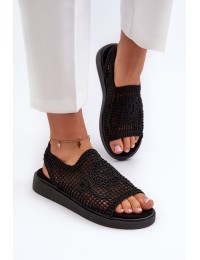 Women's Flat Sandals Adorned with Black Flowers Abidina - T596 BLACK