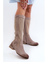 Women's Openwork Boots With Low Heel Made of Natural Suede Maciejka 06467-04 Beige - 06467-04/00-1 BEŻ