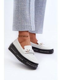 Women's Leather Platform Loafers with Chain S.Barski LR618 White - LR618 WHITE