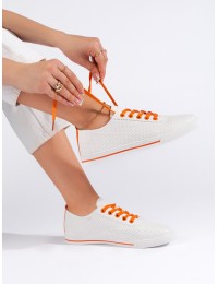 Balti moteriški sportbačiai su oranžiniais raišteliais - 600-13OR