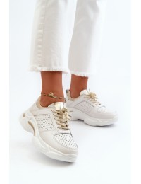 Women's Leather Sneakers with Chunky White-Gold Sole Dzumati - 22PB32-4646 WHT-GOLD