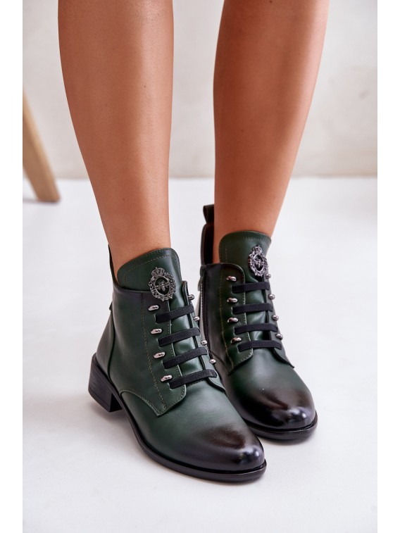 Low Insulated Ankle Boots with Zipper and Decoration Green Nevalia - ASA198-21 ZIELONY