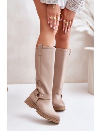 Leather Knee High Women's Boots Beige Lewski 3615 - 3615 LATTE GROCH