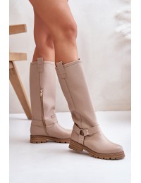 Leather Knee High Women's Boots Beige Lewski 3615 - 3615 LATTE GROCH