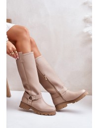 Leather Knee High Women's Boots Beige Lewski 3615 - 3615 LATTE GROCH