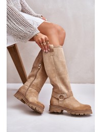 Women Suede Knee High Boots Beige Lewski 3615 - 3615 BEŻ B.WELUR