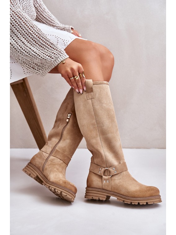 Women Suede Knee High Boots Beige Lewski 3615 - 3615 BEŻ B.WELUR