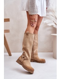 Women Suede Knee High Boots Beige Lewski 3615 - 3615 BEŻ B.WELUR