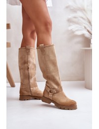 Women Suede Knee High Boots Beige Lewski 3615 - 3615 BEŻ B.WELUR