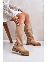 Women Suede Knee High Boots Beige Lewski 3615 - 3615 BEŻ B.WELUR