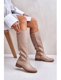 Leather Women's Half Calf Boots with Zipper Lewski 3616 Beige - 3616 BEŻ GROCH