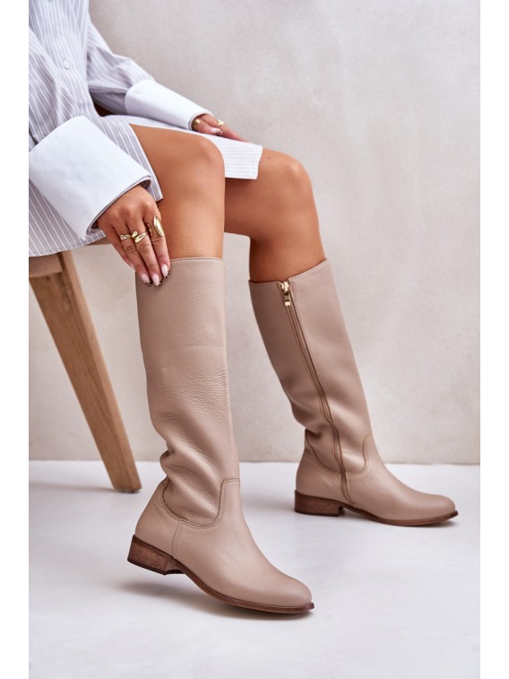 Leather Women's Half Calf Boots with Zipper Lewski 3616 Beige - 3616 BEŻ GROCH