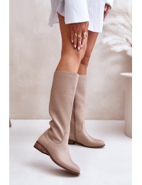 Leather Women's Half Calf Boots with Zipper Lewski 3616 Beige - 3616 BEŻ GROCH