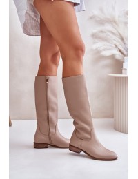 Leather Women's Half Calf Boots with Zipper Lewski 3616 Beige - 3616 BEŻ GROCH