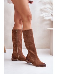 Womens Suede Knee High Boots With Zip Lewski 3616 Brown - 3616 TABACO WELUR