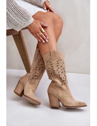 Cut-out Knee-High Heeled Suede Boots Lewski 3609 Beige - 3609 BEŻ B. WELUR