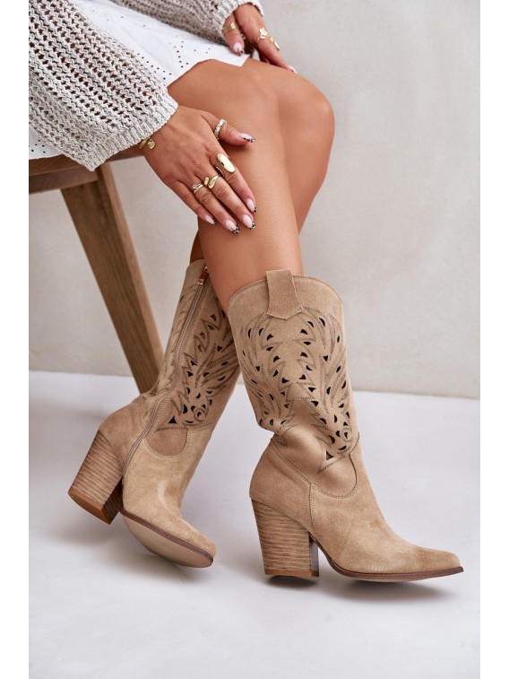 Cut-out Knee-High Heeled Suede Boots Lewski 3609 Beige - 3609 BEŻ B. WELUR