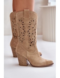 Cut-out Knee-High Heeled Suede Boots Lewski 3609 Beige - 3609 BEŻ B. WELUR