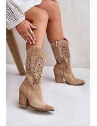 Cut-out Knee-High Heeled Suede Boots Lewski 3609 Beige - 3609 BEŻ B. WELUR