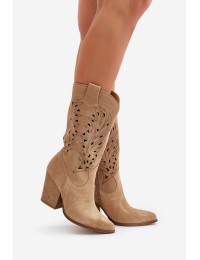 Cut-out Knee-High Heeled Suede Boots Lewski 3609 Beige - 3609 BEŻ B. WELUR