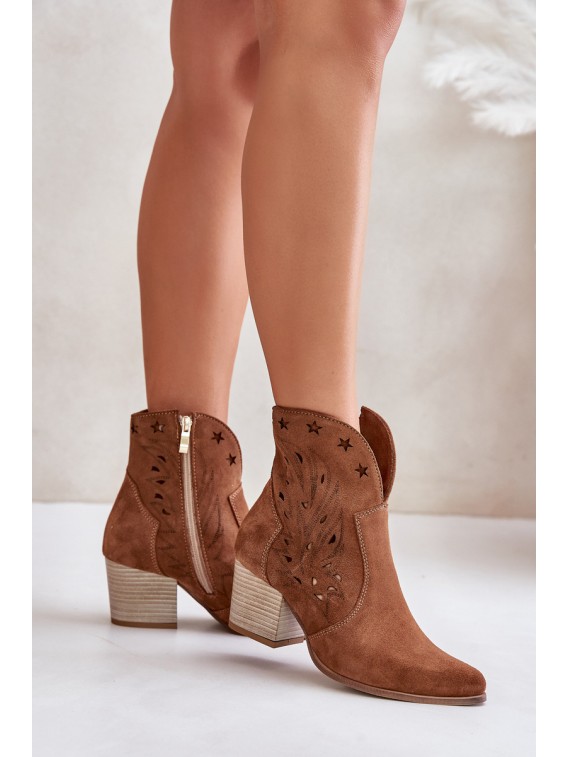 Cutout Cowboy Ankle Boots Suede Heeled Brown Lewski 3613 - 3613 TABACO WELUR