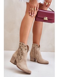 Perforated Cowboy Ankle Boots Suede Heeled Beige Lewski 3613 - 3613 MLEKO WŁOSKIE