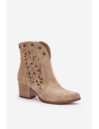 Perforated Cowboy Ankle Boots Suede Heeled Beige Lewski 3613 - 3613 MLEKO WŁOSKIE