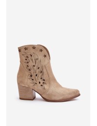 Perforated Cowboy Ankle Boots Suede Heeled Beige Lewski 3613 - 3613 MLEKO WŁOSKIE