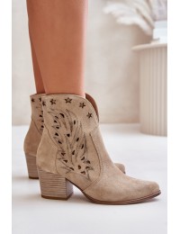 Perforated Cowboy Ankle Boots Suede Heeled Beige Lewski 3613 - 3613 MLEKO WŁOSKIE