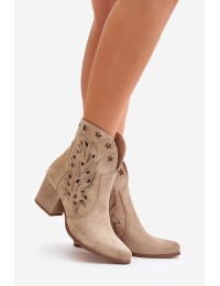 Perforated Cowboy Ankle Boots Suede Heeled Beige Lewski 3613 - 3613 MLEKO WŁOSKIE