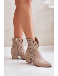 Cutout Cowboy Ankle Boots Leather Heeled Beige Lewski 3613 - 3613 LATTE GROCH