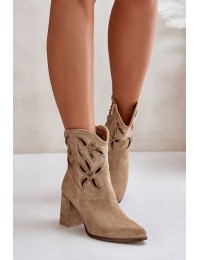 Suede Openwork Ankle Boots On Heel Beige Lewski 3629 - 3629 BEŻ B.WELUR