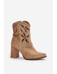 Suede Openwork Ankle Boots On Heel Beige Lewski 3629 - 3629 BEŻ B.WELUR