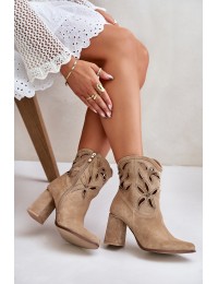 Suede Openwork Ankle Boots On Heel Beige Lewski 3629 - 3629 BEŻ B.WELUR